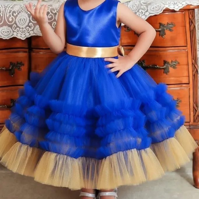 Royal Blue & Gold Layered Tulle Flower Girl Dress