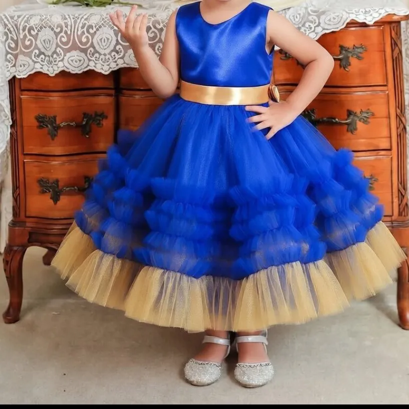 Royal Blue & Gold Layered Tulle Flower Girl Dress — 3
