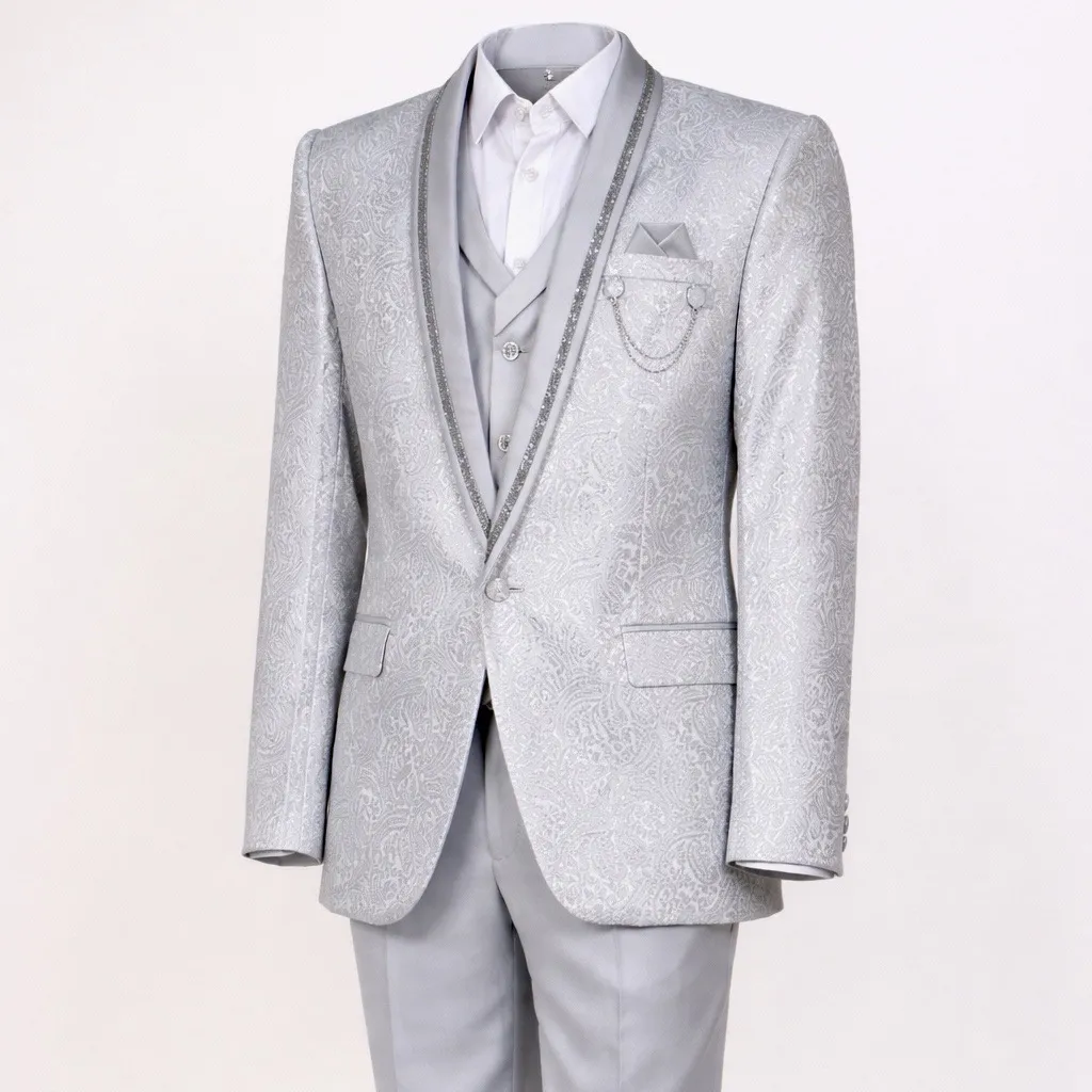 Silver Embroidered Wedding Groom Suit Blazer