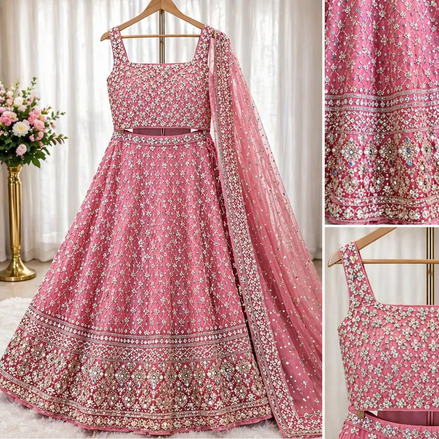 Pink Heavy Embroidered Lehenga L Size Only Worn Once — 2
