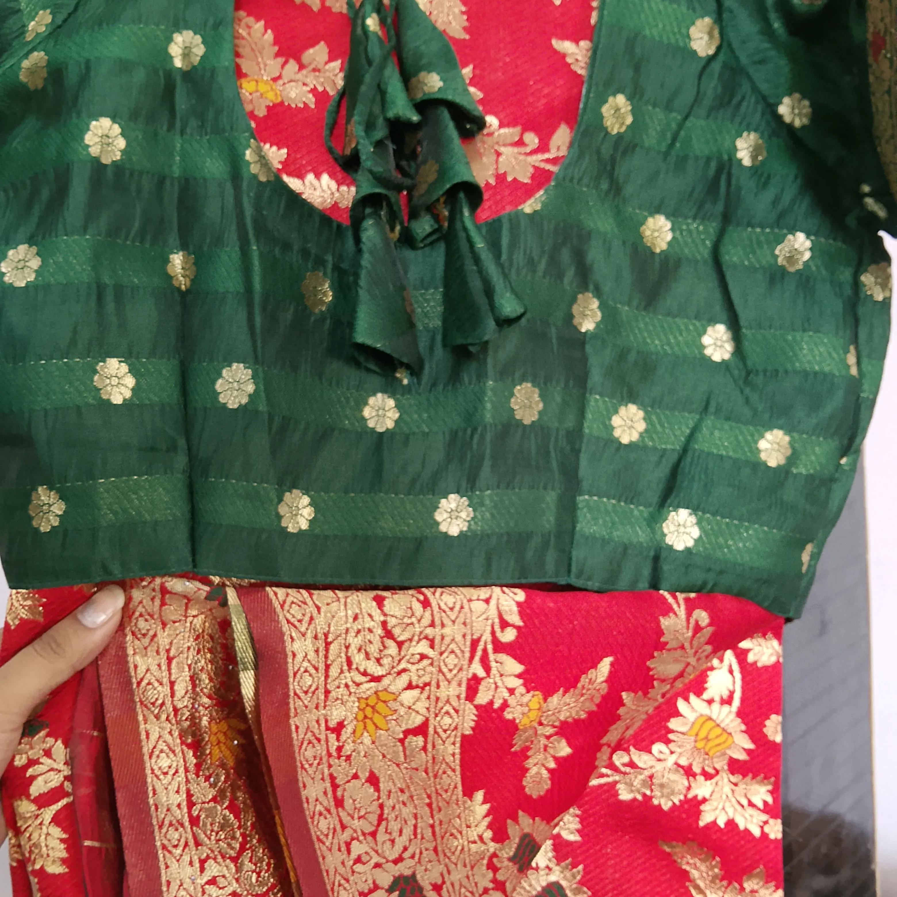 Red Banarasi Saree with Green Designer Blouse — 3