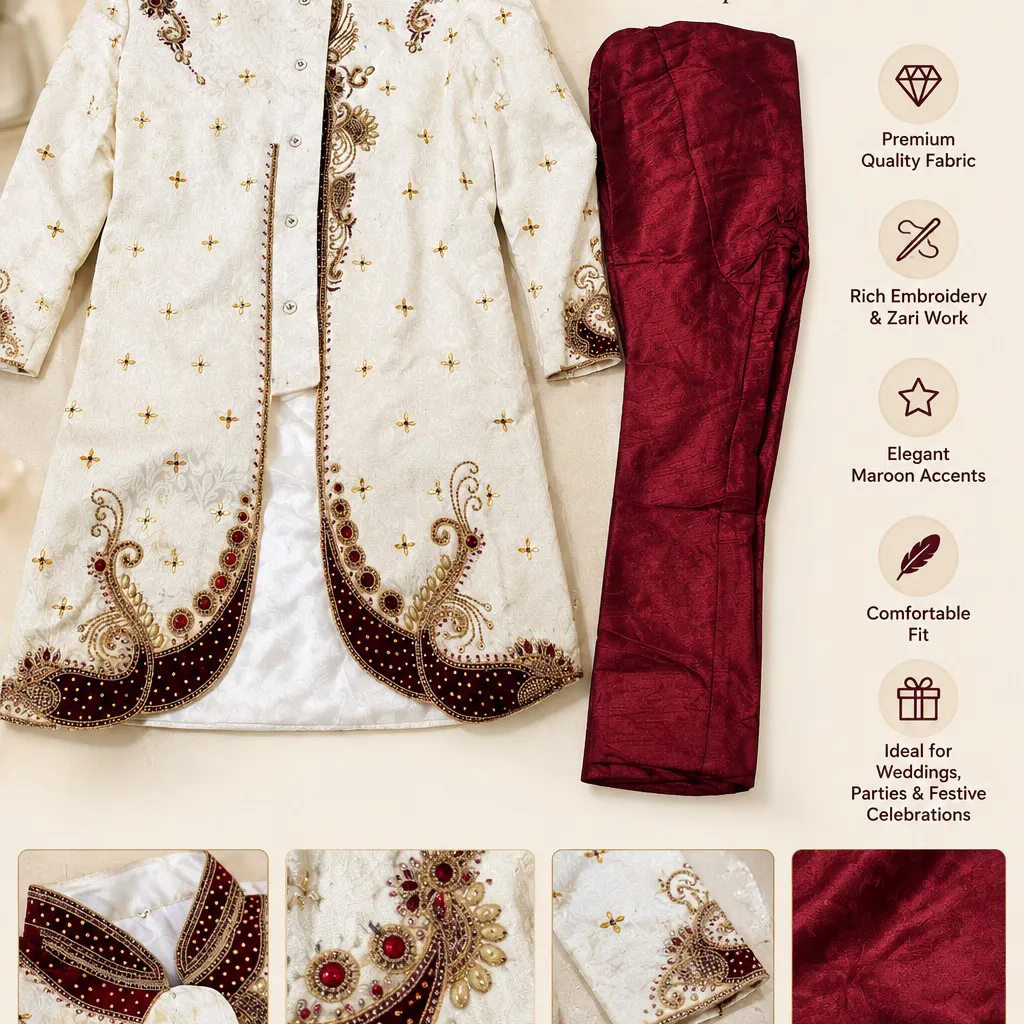 Premium Designer Sherwani Set White Maroon