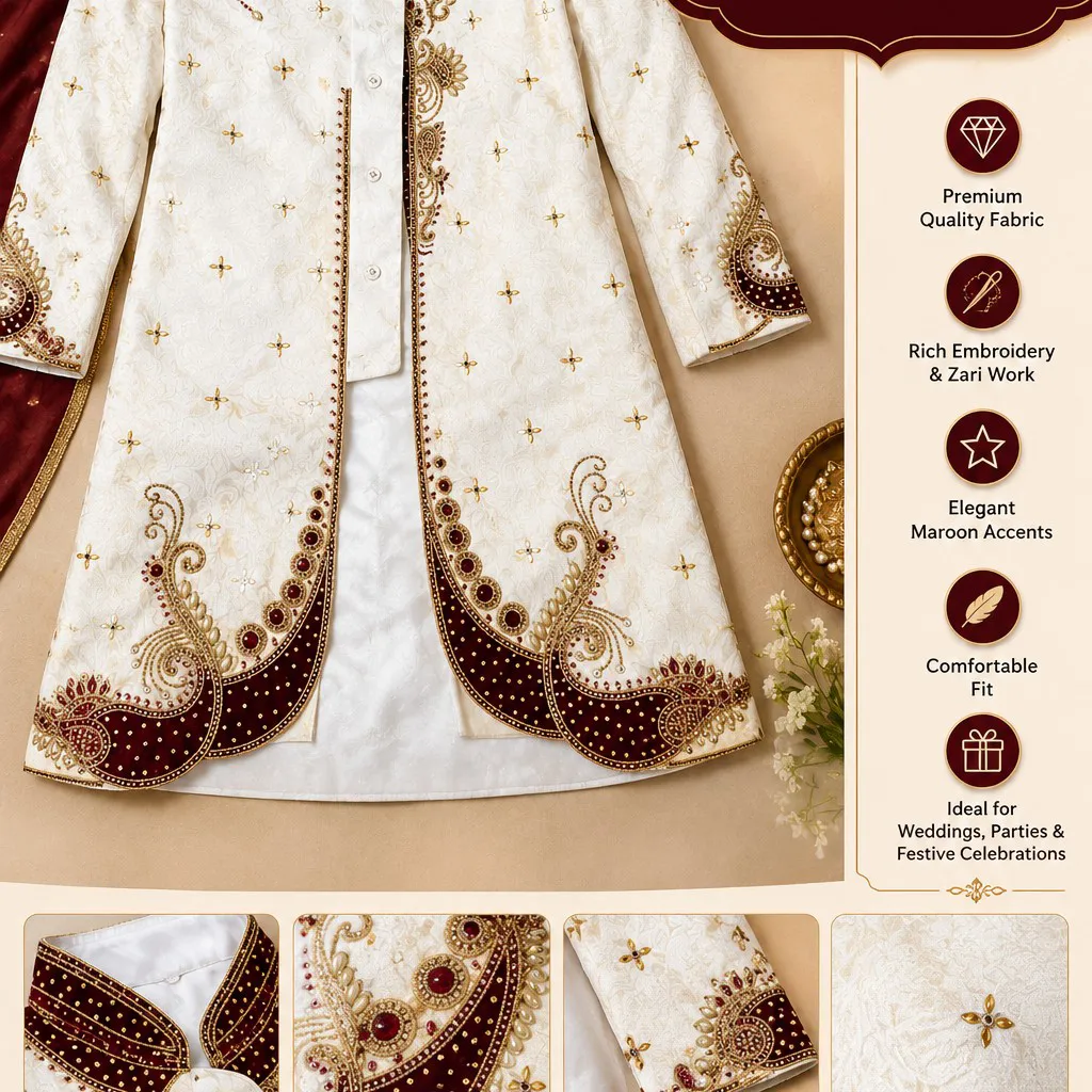 Premium Designer Sherwani Set White Maroon — 2