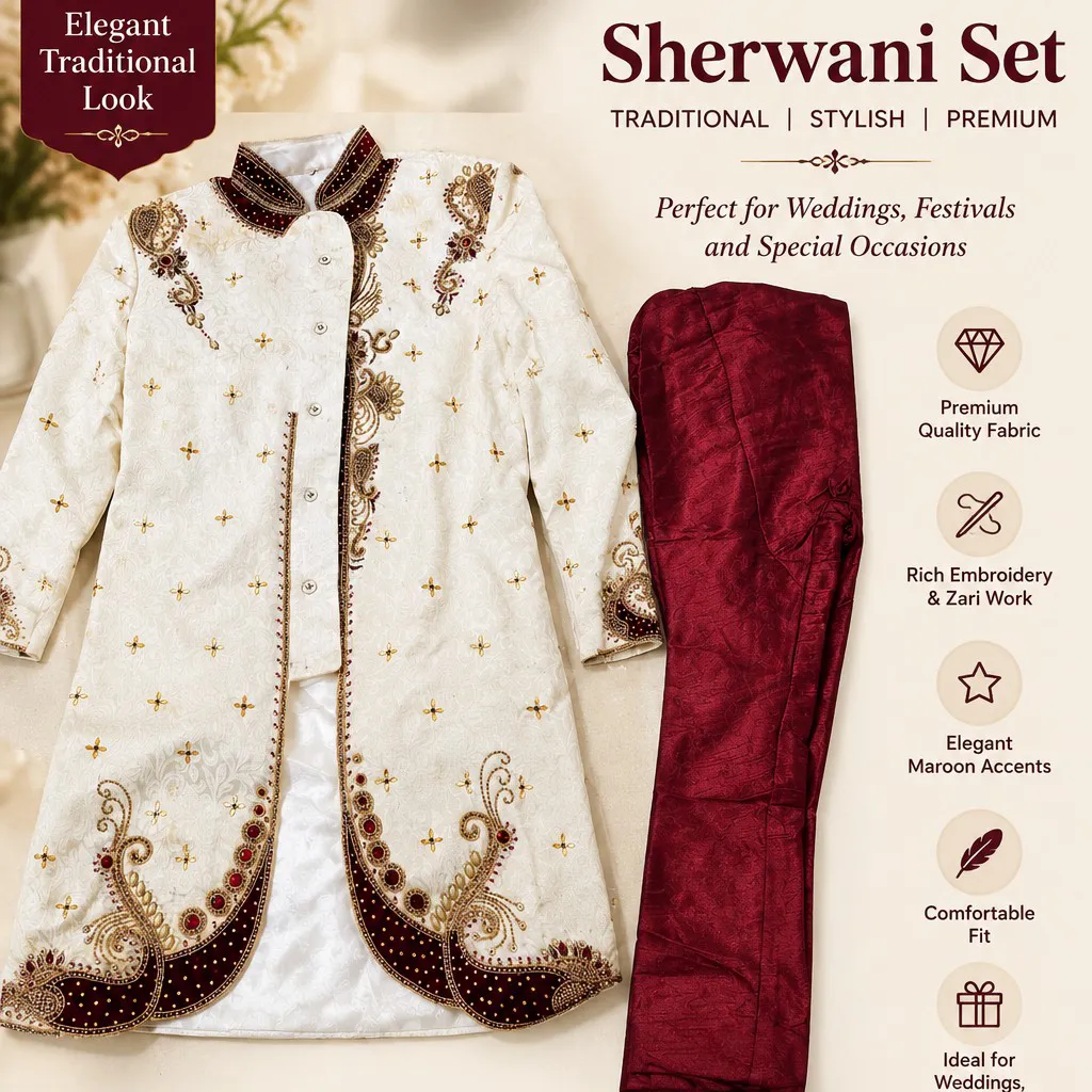 Premium Designer Sherwani Set White Maroon — 4
